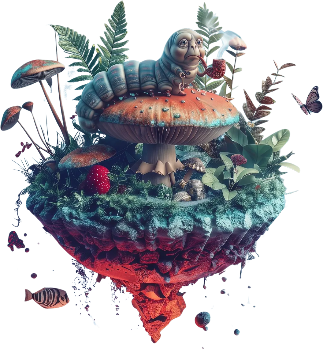 A caterpillar on a mushroom atop a floating island